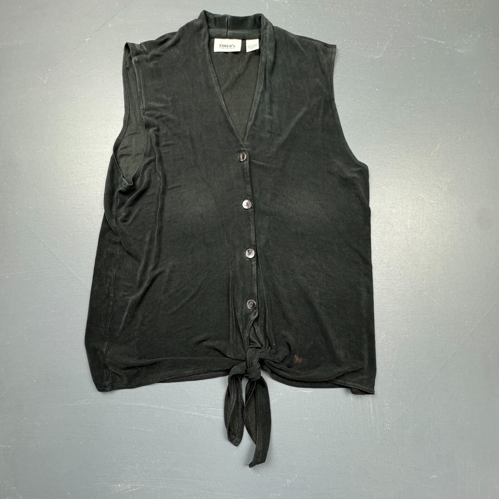 Chico's Travelers Women's 1 Juniors Black Sleeveless Button Front Tie Top Blouse